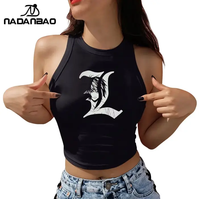 Nadanbao Sexy odhalené rameno krátky top pre ženy japonský Anime Death Note grafická potlač tielko letné neformálne bez rukávov Tričko