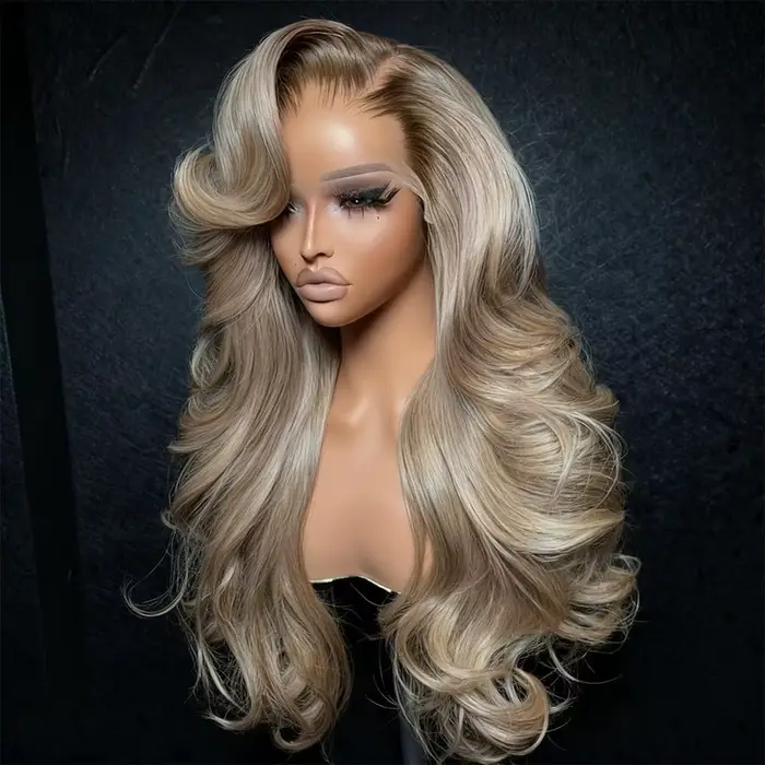 Paruíza z ľudských vlasov s vlnami, ombré blond s farbeným koreňom, čipková čelo pre ženy na špeciálne príležitosti