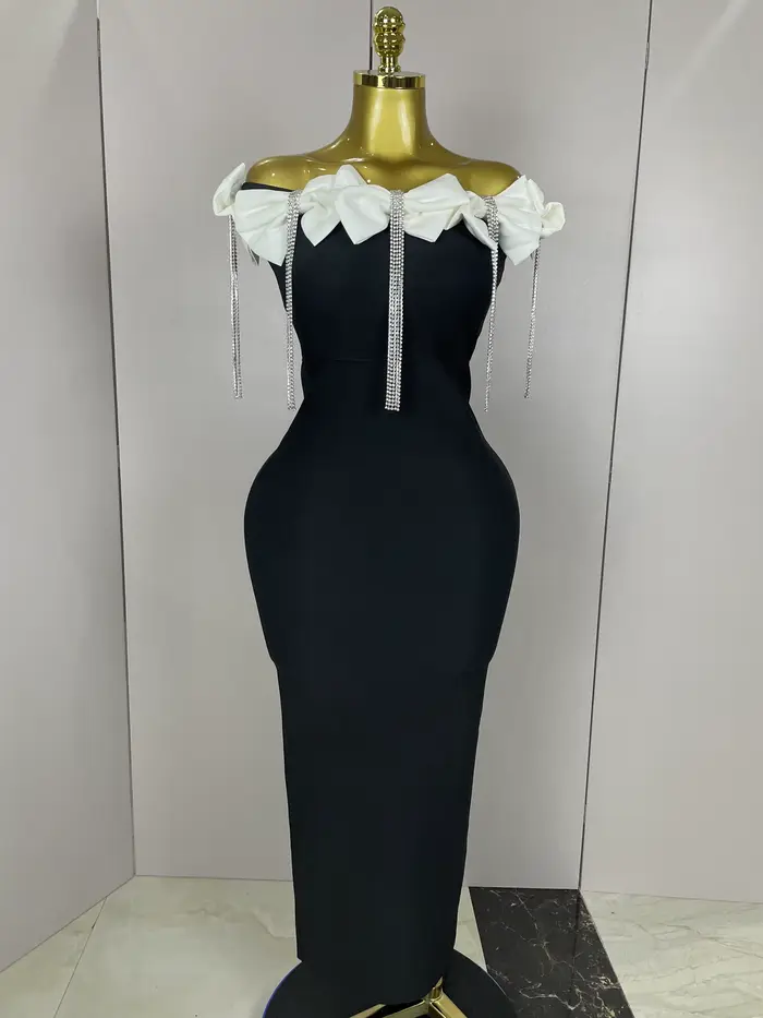 2025 femmes célébrité sexy épaule dénudée fleur diamants noir noeud papillon maxi longue XL robe de