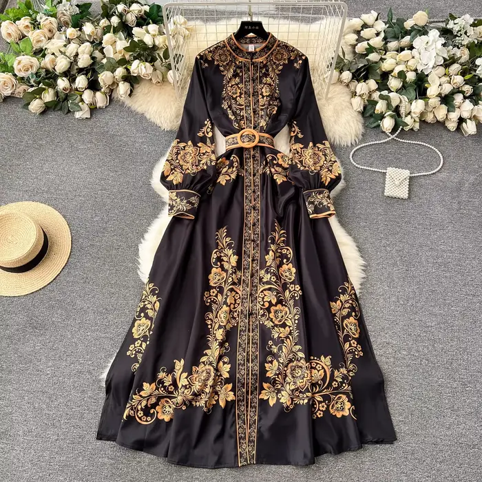 Robe en porcelaine rouge et blanche pour femmes, nouvelle mode, manches longues lanterne, imprimé Fl