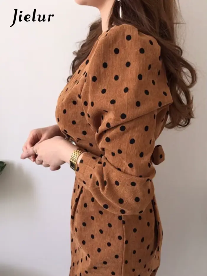 Jielur - Elegantné vintage rebrované zamatové šaty s bodkami pre ženy