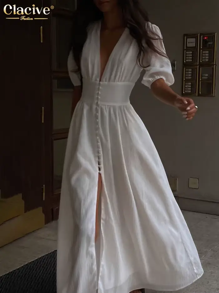 Clacive blanc Sexy simple boutonnage femmes robe 2022 élégant à manches courtes col en v robes de so
