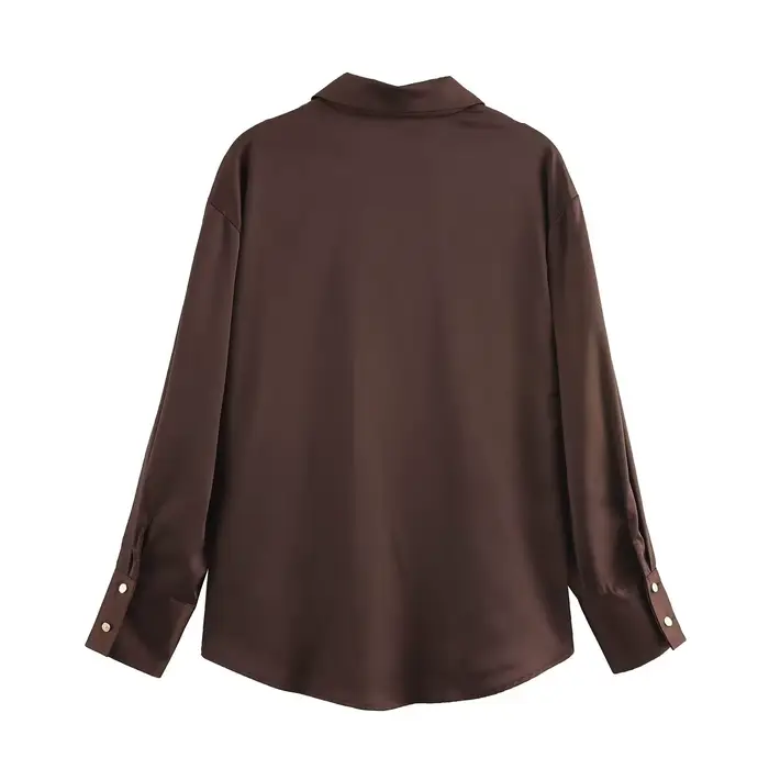 DUOPERI femmes mode Satin marron Blouse revers cou manches longues Vintage femme Chic dame chemises