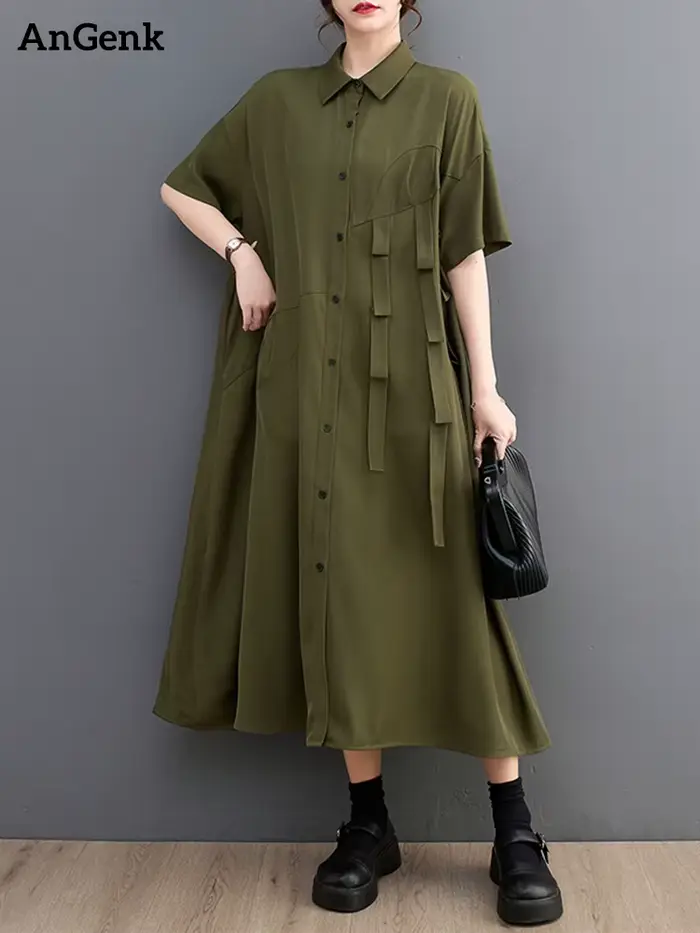 Robe Chemise Décontractée à Manches Courtes pour Femme, Vêtement Élégant et Vintage, à la Mode, Nouv