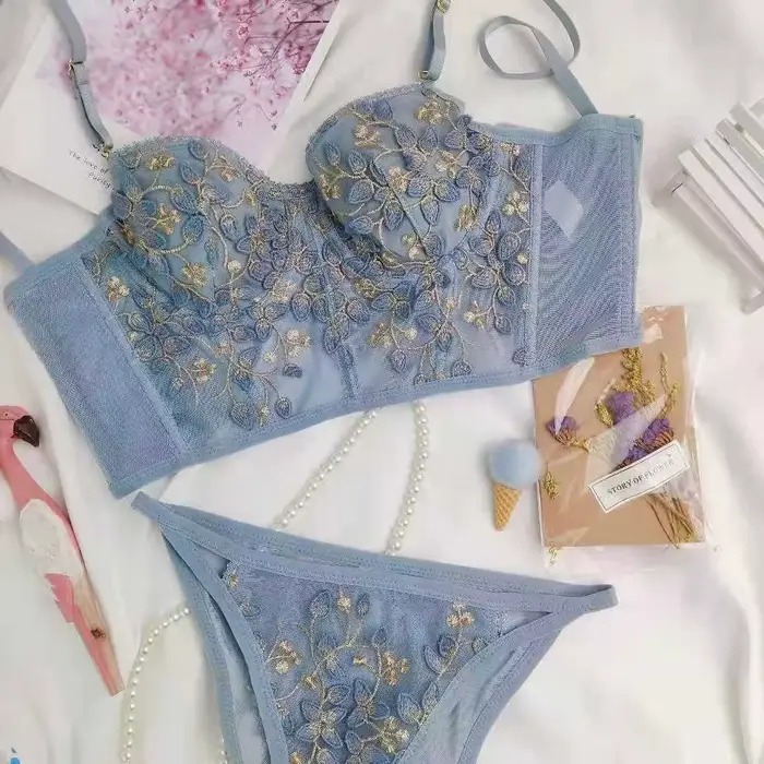 Dámske sexy vyšívané čipky spodná bielizeň Set, Retro spodná bielizeň, pohodlné podprsenka, Push-Up podprsenka, svadobné nohavičky sady