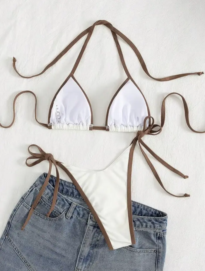 Sexy béžový kontrastný bikini set 2025 ženy lano push up podprsenka kravata bok tanga plavky leto