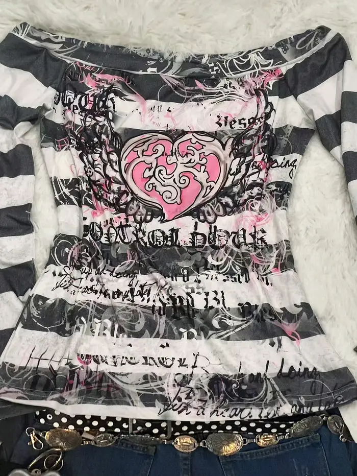 T-Shirt à manches longues pour femmes, imprimé cœur d'ange rose Y2K Sweet 2000S, rayé, une épaule, a