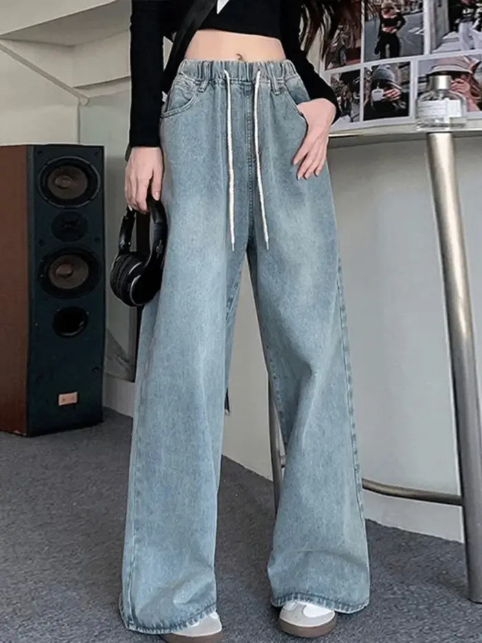 Botvotee taille haute taille large jean pour femmes ample droite bleu Long Denim pantalon femme mode