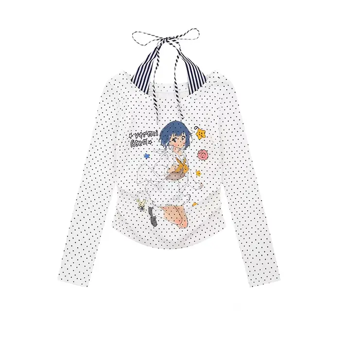 Japonské tričko Karrram Y2k s anime potlačou 2000s Cutecore s odhalenými ramenami Vintage Harajuku s dlhými rukávmi falošný dvojdielny top Kawaii