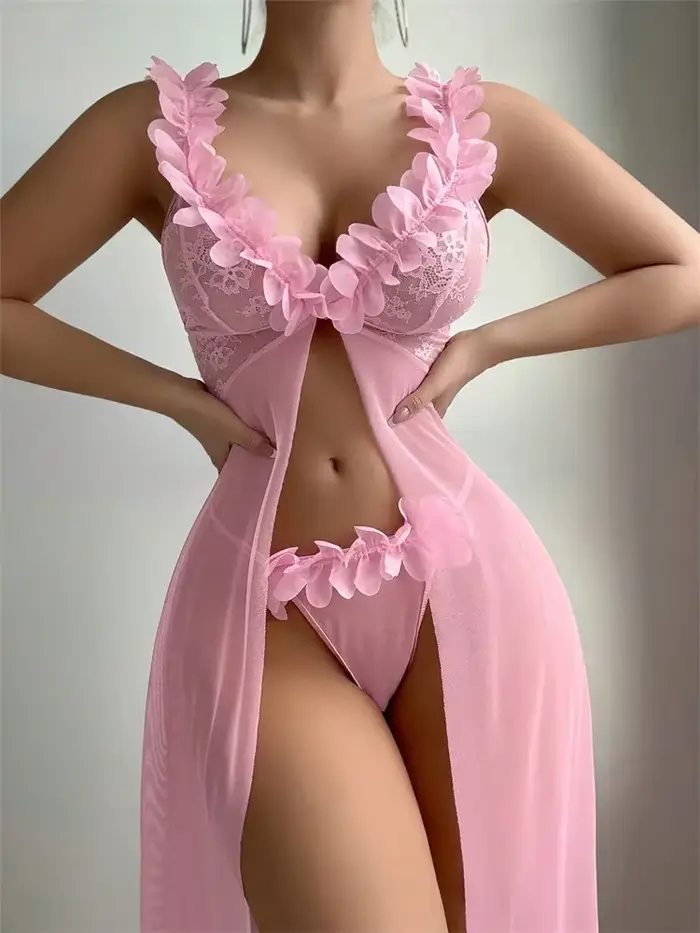 Ružové kvetinové sexy spodná bielizeň dámske šaty, exotické nočná košeľa, bábiky, nočná košeľa, hlboký výstrih čipky a sieťoviny priehľadný