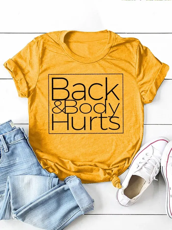 T-shirt à manches courtes et col rond pour femmes, ample, avec imprimé de lettres, dos et corps bles