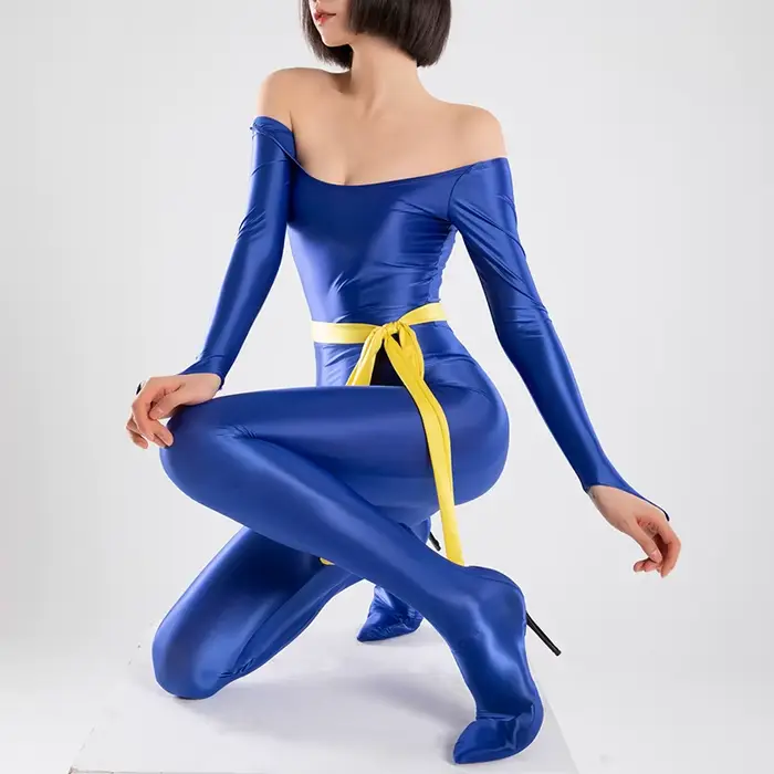 Lesklé hodvábne saténové body s dlhými rukávmi pre ženy, kostým plný bubon, sexy tesné rompers, prst prepichnuté topánky, cosplay, nové
