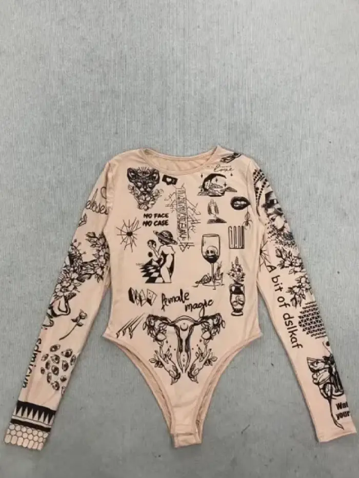 Dlhorukávové body s potlačou tetovania nude pre ženy, Y2K strih