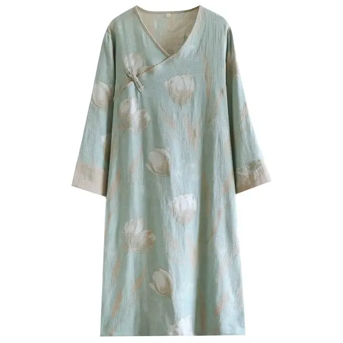 nočná košeľa v čistom bavlnenom farbenom vlákne Čínsky štýl pre ženy, relaxačné oblečenie v jemnej gáze, retro, s dlhými rukávmi, v-neck, voľné, jeseň
