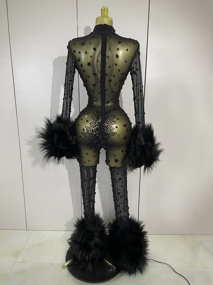 Luxusné čierne diamantové sieťované priehľadné elastické body s dlhým rukávom pre ženy Sexy Performance spevák Cos