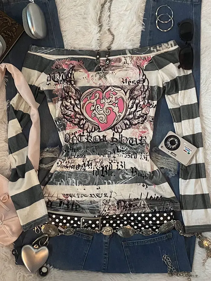 T-Shirt à manches longues pour femmes, imprimé cœur d'ange rose Y2K Sweet 2000S, rayé, une épaule, a