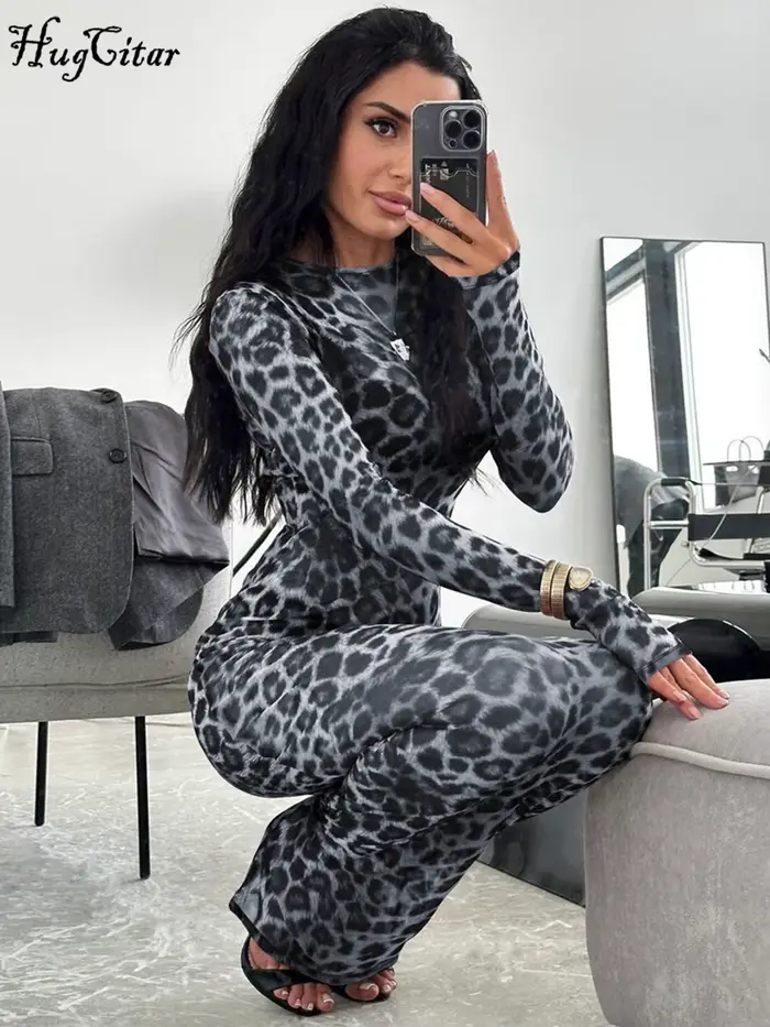 Hugcitar leopardová potlač sieťovaná s dlhými rukávmi Sexy tenká priesvitná Maxi šaty jeseň ženy móda oblečenie pláž dovolenka Club