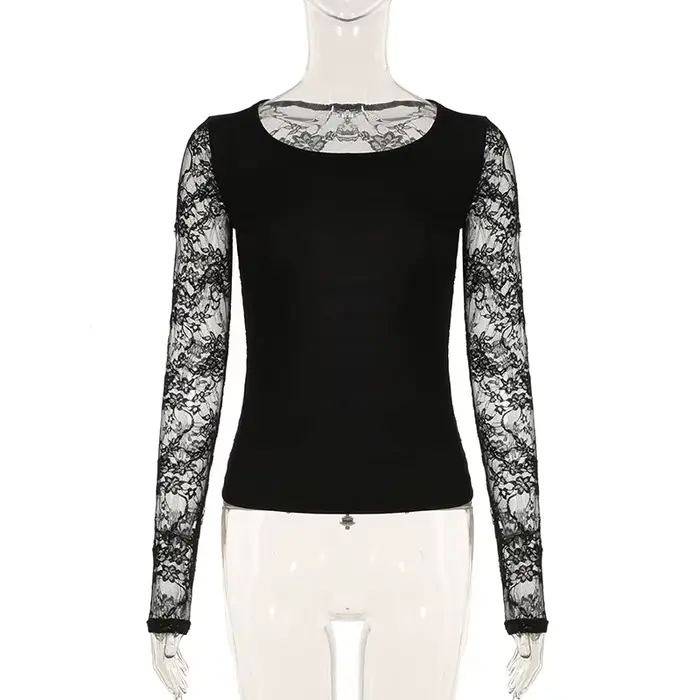 SUCHCUTE noir gothique T-shirt pour femmes Sexy Club dentelle Semi-transparent à manches longues cul