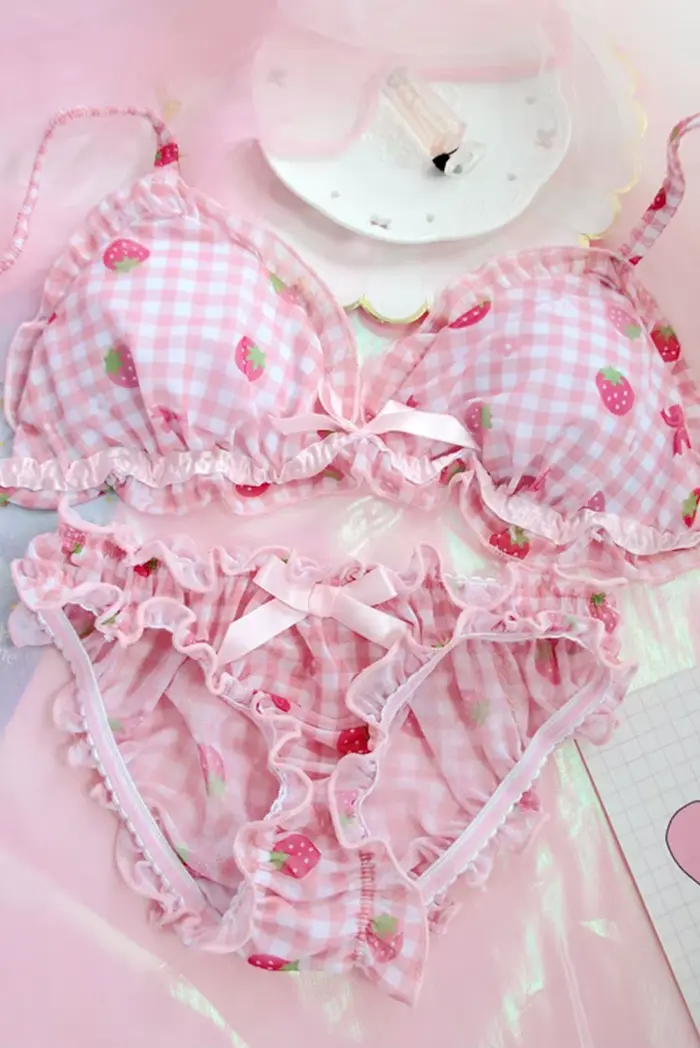 Ensemble soutien-gorge et culotte imprimé fraise style lolita dentelle polyester lingerie pour filles occassions spéciales