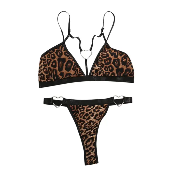 Spodná bielizeň pyžamo srdce ringbra set Sexy ženy leopard králik Spodná bielizeň 2 kusy vidieť cez spodnú bielizeň bez ramienok Spaghetti nočné oblečenie