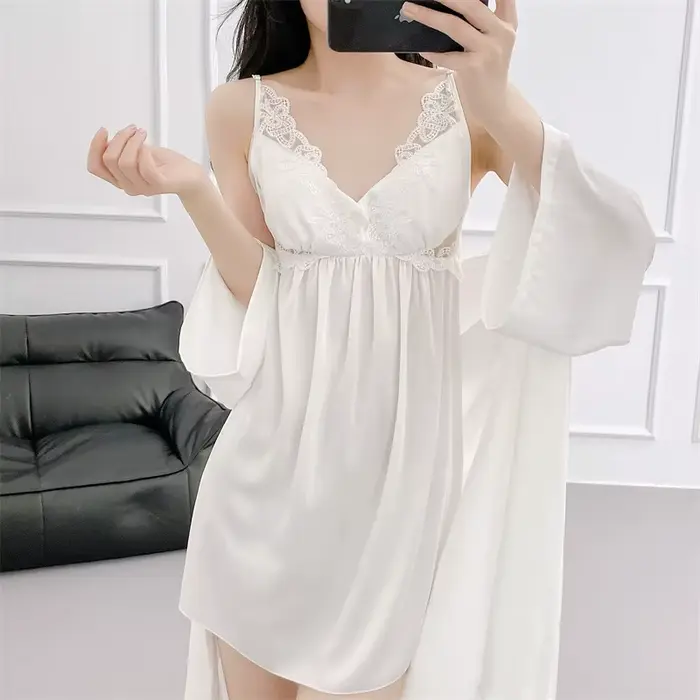 Chladená hodvábna nočná košeľa a šaty, nočné oblečenie, dvojdielna čipka Kimono Set, štýlový dlhý župan, sexy nočná košeľa, domáce oblečenie