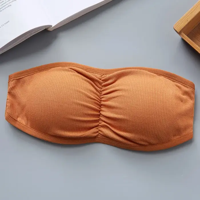 Soutien-gorge bandeau côtelé sans bretelles pour femme, anti-dérapant, froncé, coussinets amovibles respirants, crochets dorsaux réglables, occasion spéciale invisible sous-vêtement