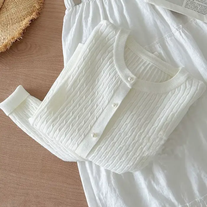 Elegantný dlhý rukáv pletený top pre ženy jeseň zima jednoduché zapínanie pulóver okrúhly výstrih hrubý teplý