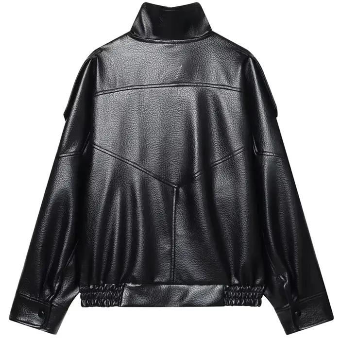 HXAO Čierna bunda z umelej kože pre ženy nový strih oversized bomber