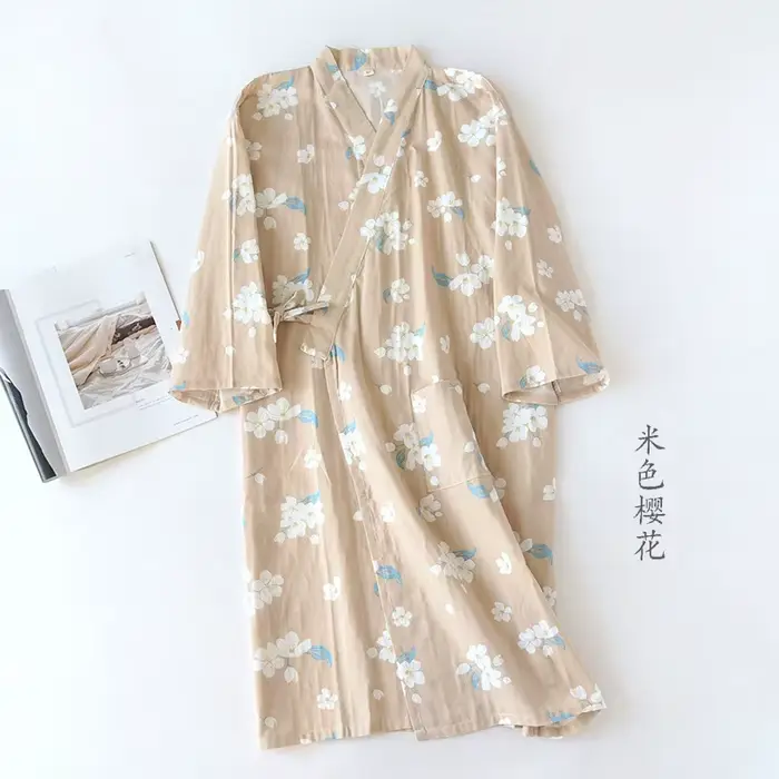 Kimono japonais pour femmes, peignoir, chemise de nuit à manches longues, gaze de coton, mignon, sue