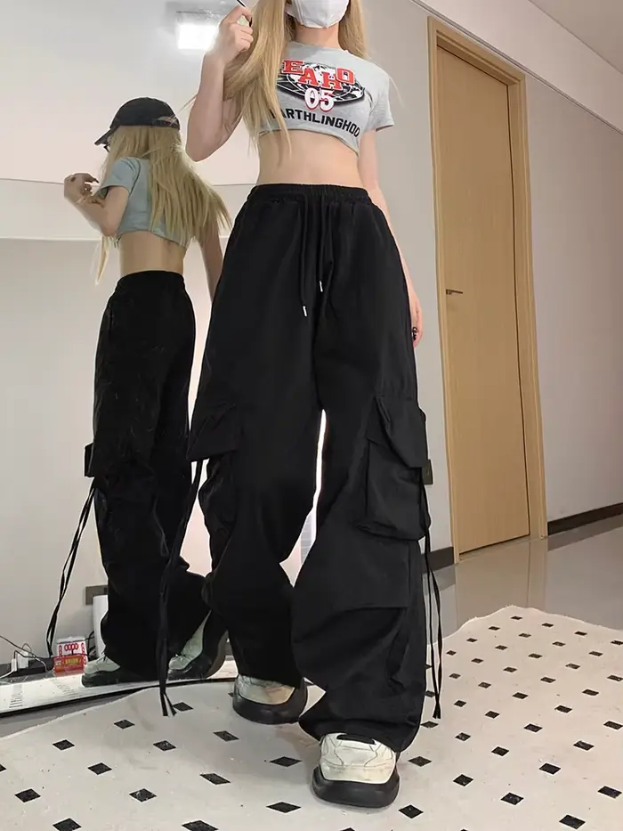 Zoki ružové streetwear cargo nohavice pre ženy voľné Harajuku Y2K rovné