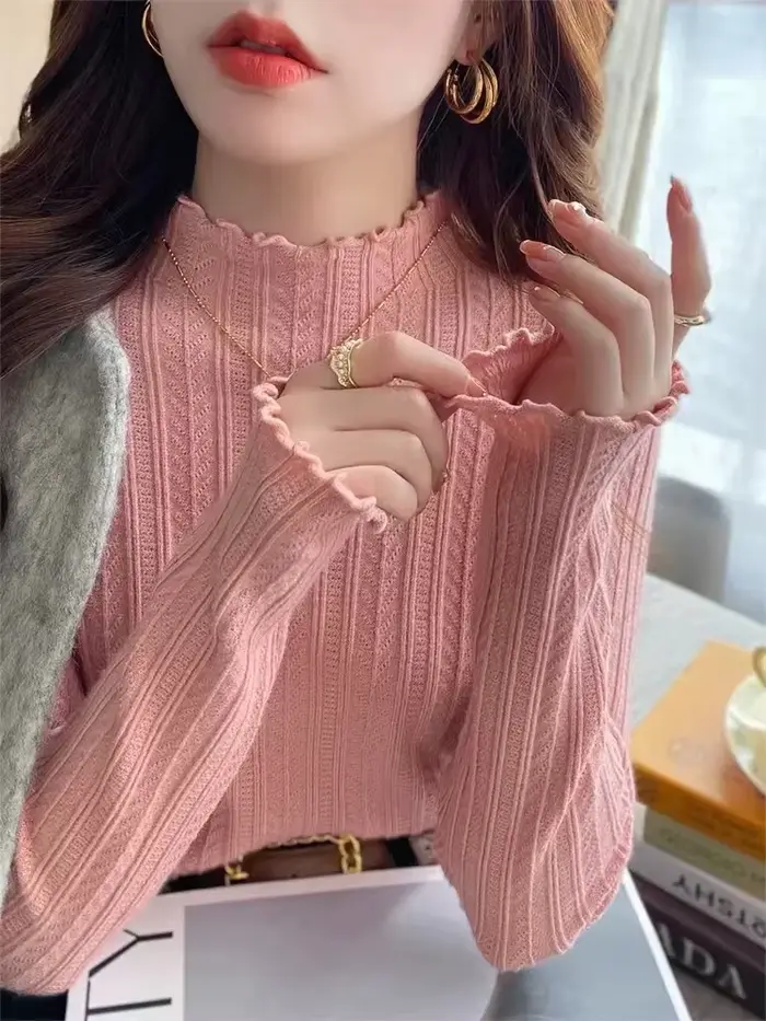 Pull tricoté à manches longues et col roulé pour femme, couleur unie, à volants, décontracté, nouvel