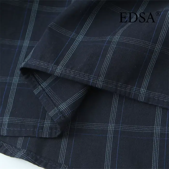 EDSA chemise à carreaux bleu marine pour femmes avec poche carrée pour bureau dame simple boutonnage