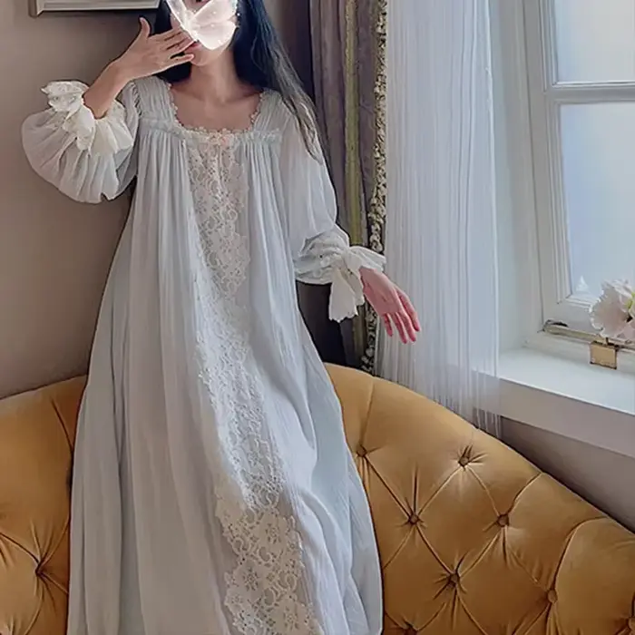 Sladká čipka Vyšívané nočná košeľa, Bavlnená nočná košeľa, Sexy nočná košeľa, Francúzsky štvorcový golier, Dlhé rukávy, Vintage Princess, Dlhé