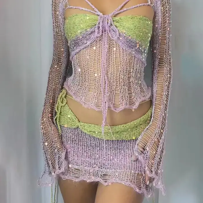 Robe tricotée au Crochet, ensemble jupe deux pièces, vêtements d'hiver pour femmes, haut court Sexy,