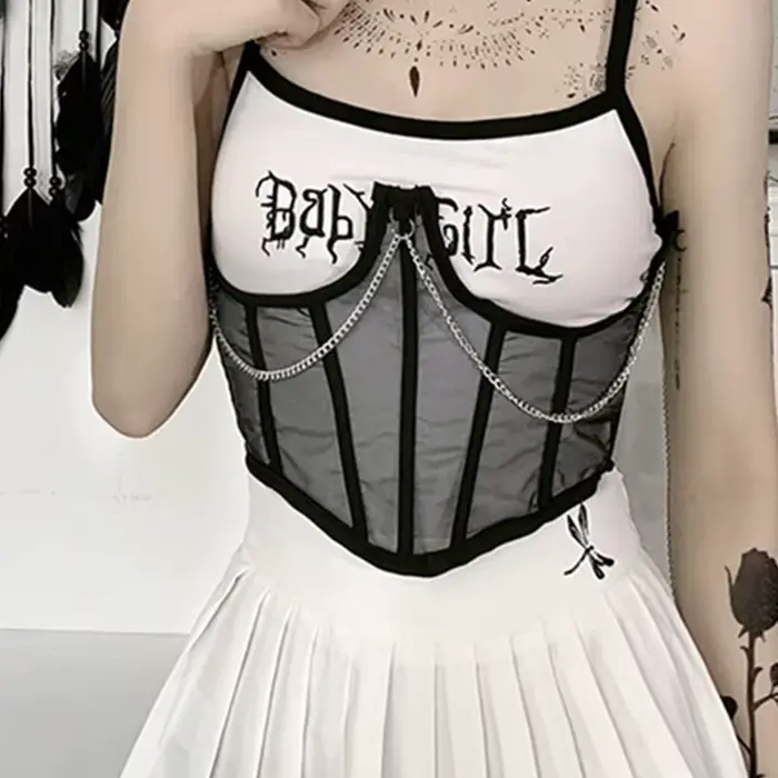 Sexy korzet pod prsia Punk čierna kovová reťaz ženy top krivky tvarovač pásový pás vysoký pás čipka bustier