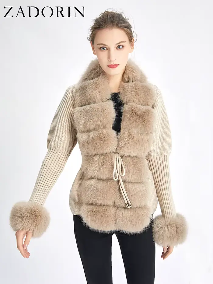 ZADORIN luxusný kožušinový cardigan pletený zimný sveter pre ženy elegantná odnímateľná kožušina opasok biela ružová