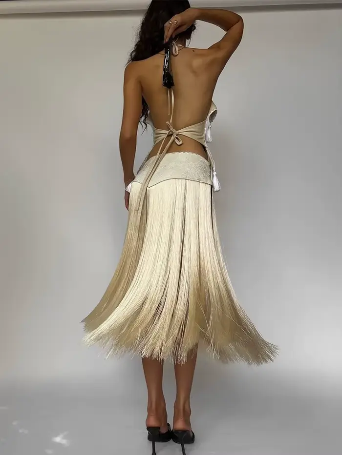 Kliou Sexy Módne Sukne Kostýmy Žena Halter Bandáž Holý Chrbát Nepravidelný Crop Top + Strapcová Dekorácia Dlhé