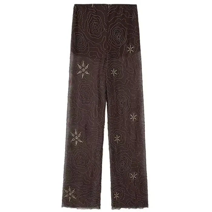 HXAO pantalons pour femmes printemps été 2025 perles marron pantalon paillettes translucides taille 