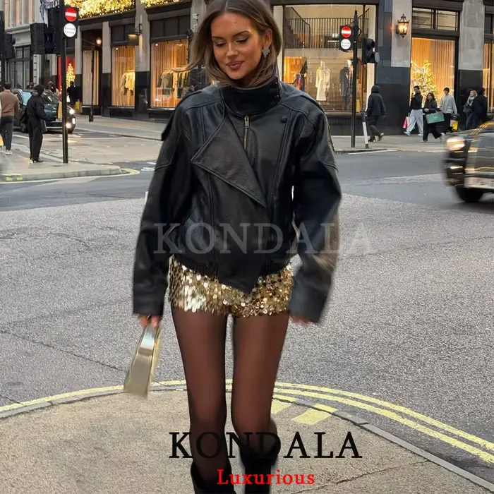 KONDALA ležérne elegantné čierne kožené bundy pre ženy s dlhými rukávmi