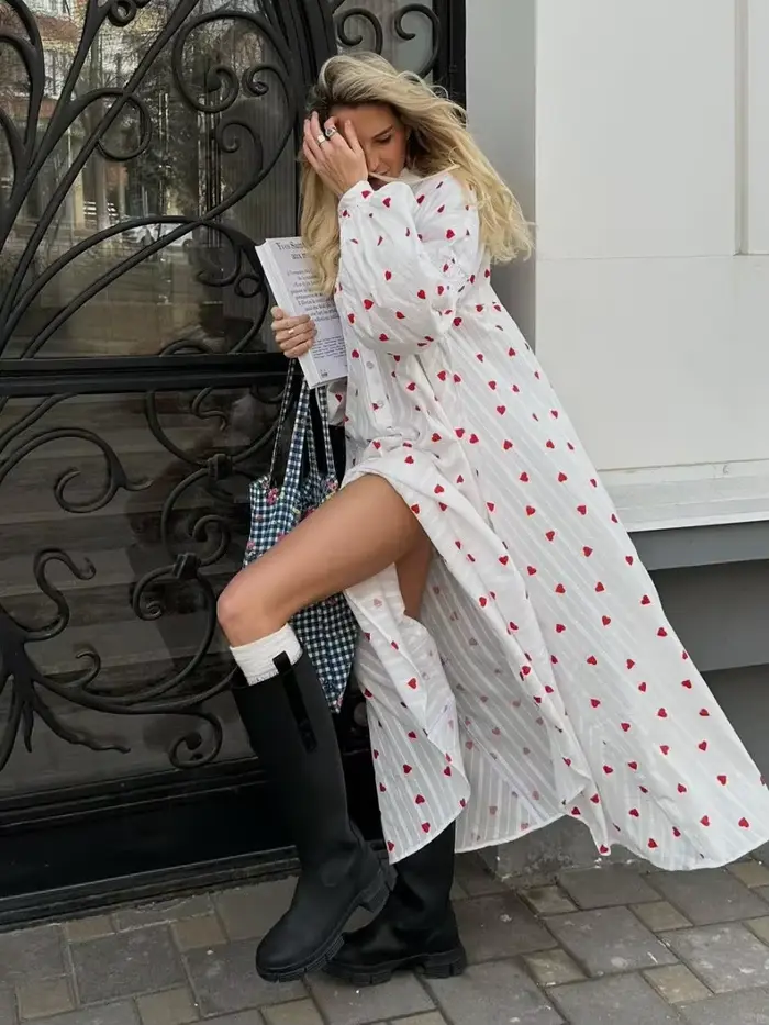 Bornladies-Robe Jacquard à manches longues pour femmes, 100% coton, imprimé cœur, mode éducative, vi