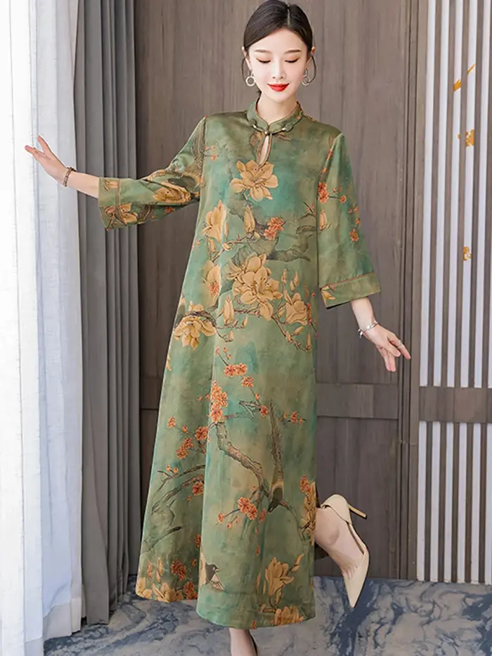 Robe maxi verte à manches longues pour femmes, col montant, vintage coréen, luxe élégant, automne, h