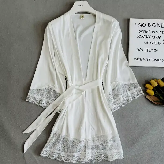 Biele svadobné ranné šaty, lem čipka, župan, Kimono, elegantné nočné oblečenie, v-neck, intímne spodná bielizeň v saténe