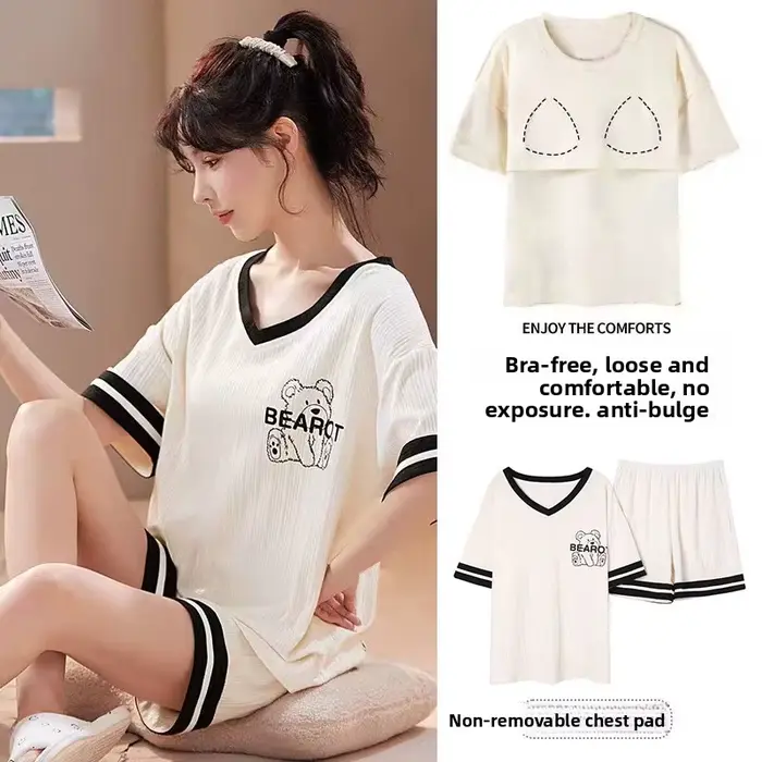 Pyjama avec coussinets de poitrine pour femmes en coton et polyester kawaii ours design détente étudiants vêtements de nuit mignons pour occasions spéciales