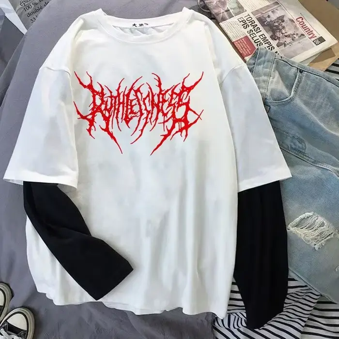 Mode Punk Style foncé imprimé col rond T-shirt Y2K Sport Harajuku mince femmes haut manches longues 