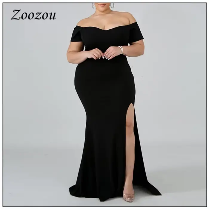 Robe de soirée Maxi noire, grande taille 4XL, élégante, épaules dénudées, manches courtes, longue, é