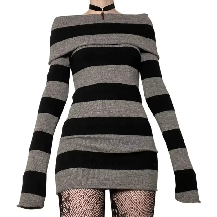 Mini robe moulante rayée pour femmes, col bateau, épaules dénudées, manches longues, courte, envelop