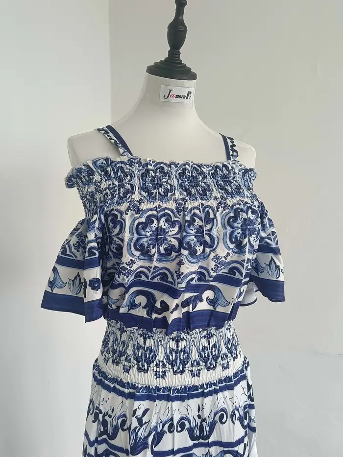 Robe mi-longue en coton bleu et blanc avec imprimé porcelaine pour femme, robe de créateur de piste 