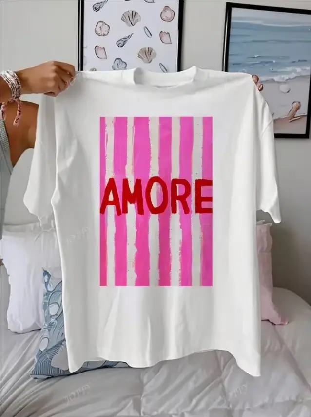 AMORE rayé motif artistique tenues d'été femmes décontracté col rond manches courtes femme t-shirts 