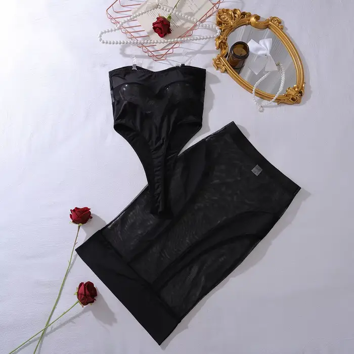 Lingerie exotique sexy, body en maille transparente, jupe longue sans bretelles, ensemble 2 pièces, 