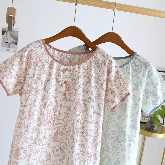Chemise de nuit pour femme 1 pièce, robe de nuit décontractée en gaze de coton, manches courtes et coupe ample, légère et respirante, pour la maison en été